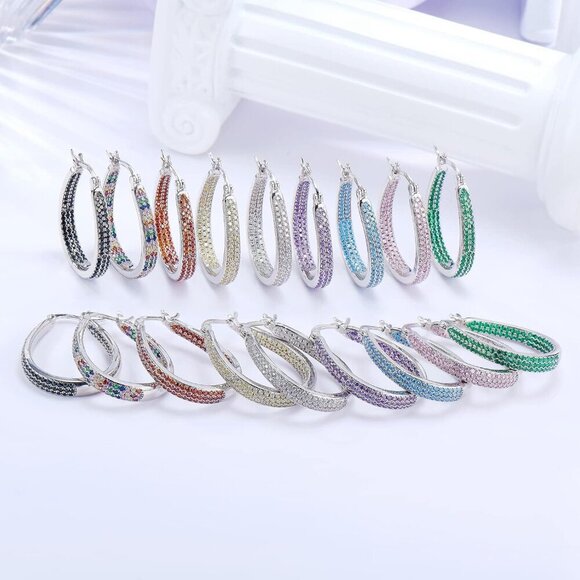 925 Sterling Silver Post Hoop Earrings for Women Girls Multicolor Cubic Zirconia - Picture 4 of 7